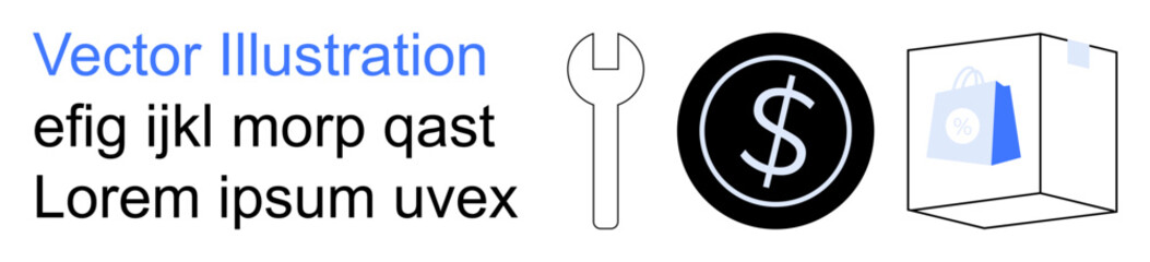 Obraz premium E-commerce, online shopping, financial management, tools, repair services, modern retail. Dollar sign, wrench and shopping bag box. E-commerce and online shopping concept