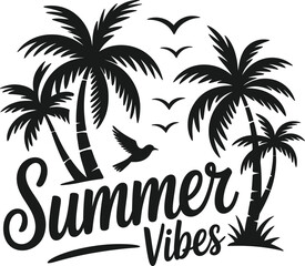 Obraz premium A black and white graphic illustration featuring palm trees and birds with summer vibes lettering