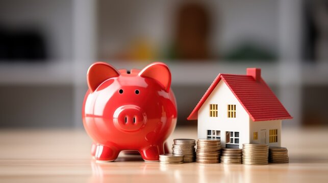 A red piggy bank sits in front of a miniature red house, with a stack of coins positioned behind the house.