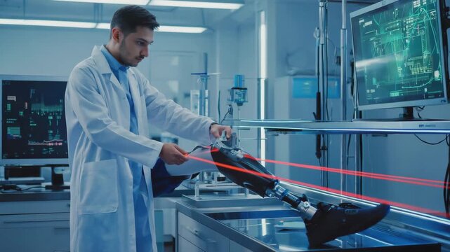 The male prosthetist adjusts socket angle, laser lines show alignment change, force distribution updates on pressure map, dolly