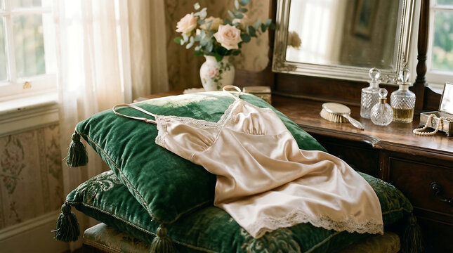 Elegant satin slip dress with delicate spaghetti straps and lace trim resting on a velvet cushion in a vintage bedroom setting