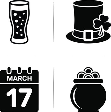 A collection of four simple black and white vector icons representing saint patrick's day symbols