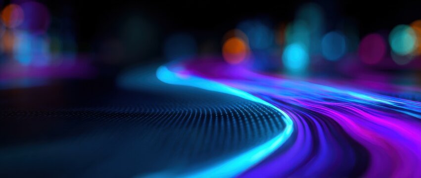 Vibrant blue purple pink flowing light trails on dark background with blurred colorful bokeh, futuristic tech inspired luminous motion effect