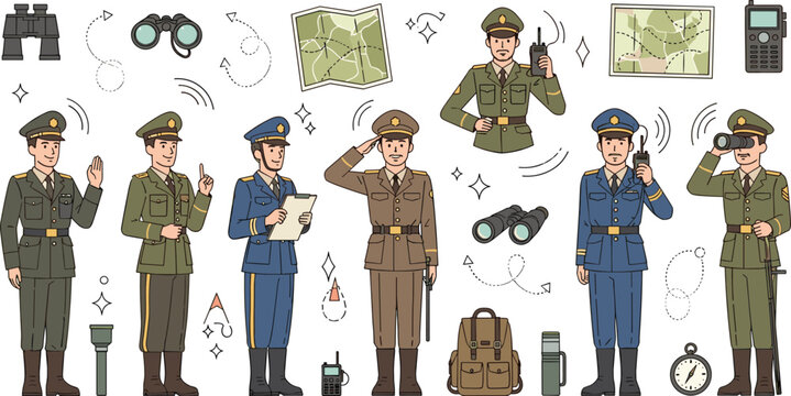 Military Officers and Commanders in Uniform Saluting and Using Tactical Communication Equipment with Maps and Binoculars for Army Mission Planning Vector Illustration