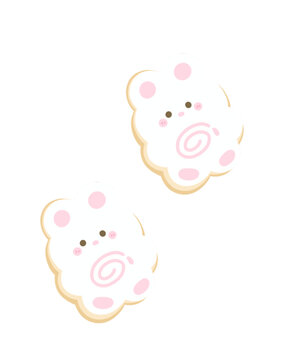 A cute pastel teddy bear cookie illustration with pink cheeks and swirl detail, drawn in a soft kawaii cartoon style on a black background