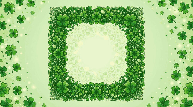 Green clover frame with floating leaves on light green background for st patrick's day design