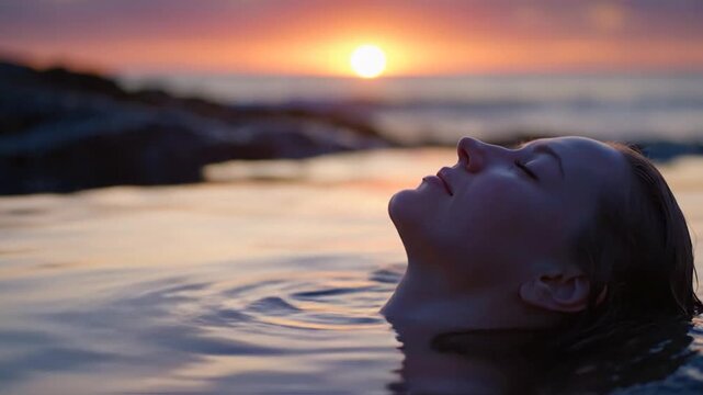 Woman relaxing floating in ocean water during sunset golden hour beautiful nature scenery peaceful serene calm atmosphere tranquil evening light leisure vacation