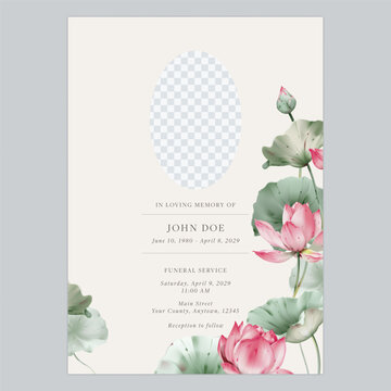 Minimalist funeral invitation featuring watercolor-style pink lotus flowers and an oval photo placeholder on a soft cream background