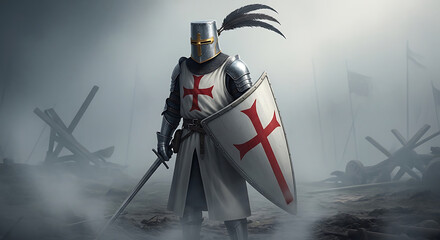 Naklejka premium Medieval knight in armor with sword and shield standing in a battlefield.