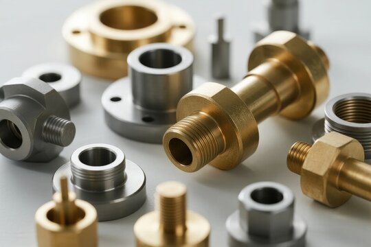 Assorted brass and steel mechanical fittings and hardware components arranged on a neutral surface
