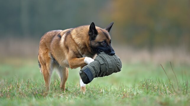 Belgian Malinois police dog biting training sleeve during K9 protection exercise. Strong working dog performing controlled bite drill in grassy field. Law enforcement canine training concept