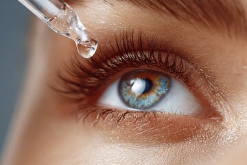 close-up eye with subtle dryness and eye drop solution applied, fresh hydrated eye concept