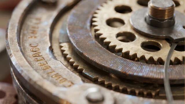 Close-up of vintage mechanical gears and clockwork components