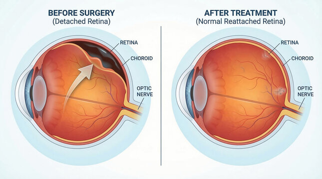 Detached Retina and Normal Reattached Eye Surgery Comparison