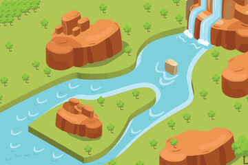 Naklejka premium isometric hill with river waterfall and pine forest, suitable for asset nature