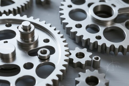 Close-up of metallic gears and mechanical components arranged on a reflective surface
