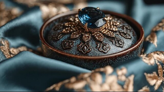 Elegant jewelry box with blue gem on decorative fabric