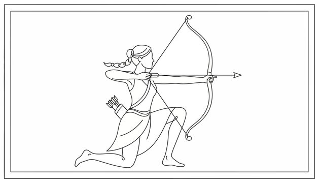 Archer Woman Kneeling Drawing, Aiming Bow and Arrow, Hunting, Sport, Ancient Warrior Illustration