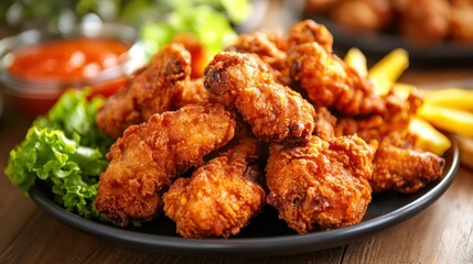 Fototapeta premium A plate of crispy, golden-brown fried chicken wings sits on a dark wooden surface. The wings are arranged with lettuce and a bowl of red sauce.