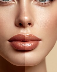 Naklejka premium Realistic lip filler before-and-after close-up image set for aesthetic clinic advertising and cosmetic treatment marketing.