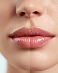 Obraz premium Realistic lip filler before-and-after close-up image set for aesthetic clinic advertising and cosmetic treatment marketing.