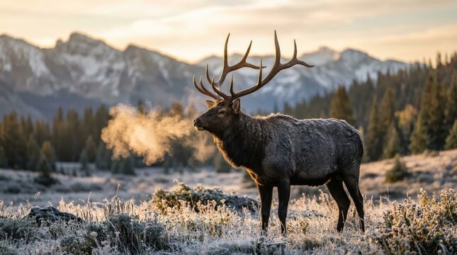 An elk stands in a sunlit frost-covered meadow with a mountain range in the background, majestic winter wildlife, serene mountain moment.