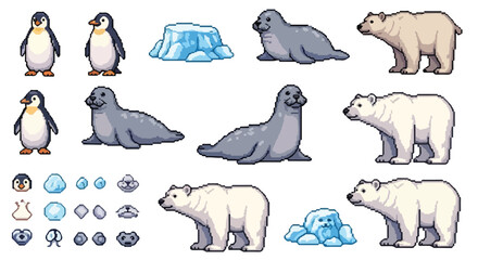 A pixel art collection features arctic animals such as penguins, seals, and polar bears, alongside ice blocks and abstract animal-themed icons. © Aqil Art