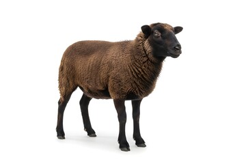 Fototapeta premium Ultra Realistic Brown Hair Sheep Standing Isolated On White Background With Natural Fur Texture Professional Studio Wildlife Stock Photo