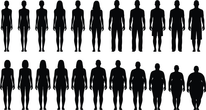 Set of male and female body silhouettes showing different body types, weight levels, and human figures for fitness, health, and fashion