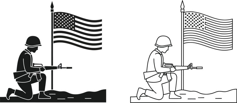 Soldiers kneeling with guns and american flag Vector