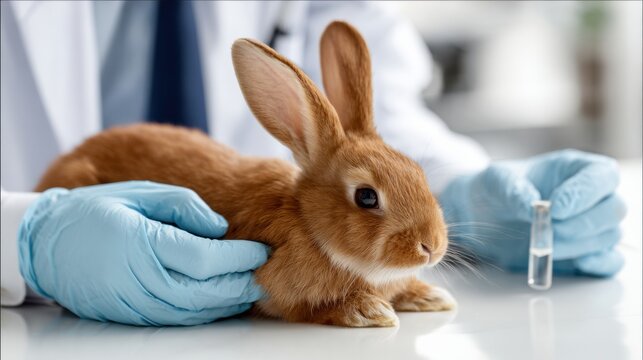 Laboratory rabbit held by scientist in protective gloves during research experiment. Concept of animal testing, laboratory science, bioethics, animal welfare and laboratory animal liberation