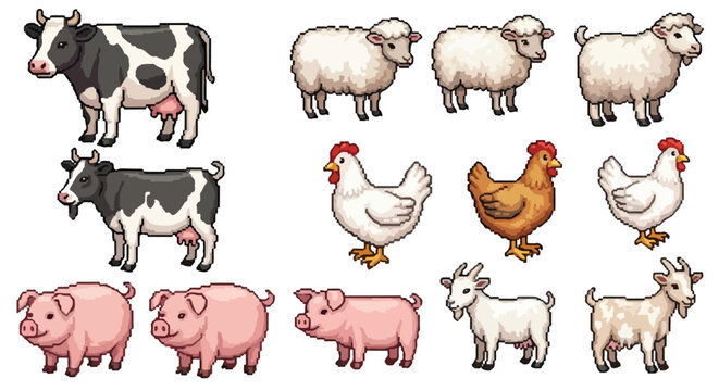 A collection of pixel art farm animals including cows, sheep, chickens, pigs, and goats, presented as game sprites.