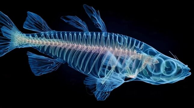 Skeleton of a glowing fish, revealing its inner structure illuminated against a dark background