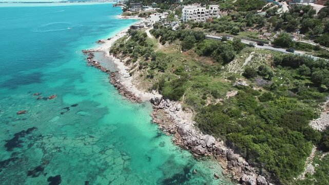 Aerial panorama view showcasing the stunning coastline of Vlore, Albania
