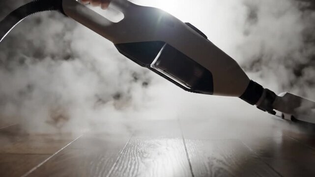 Household steam cleaning appliance emits hot vapor for deep floor sanitization