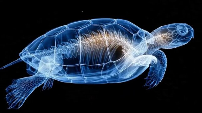 Captivating X-ray depiction of a sea turtle, revealing its delicate internal skeleton and powerful shell, a fascinating blend of natural biology and radiant blue light on a deep dark canvas