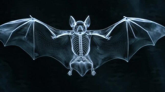 Scientific X-ray illustration revealing the intricate skeletal framework of a bat in flight, showcasing its delicate bone structure and extended wings against a dark background