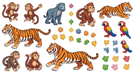 Obraz premium A collection of pixel-art illustrations featuring various jungle animals like monkeys, tigers, a lion cub, and parrots, alongside colorful gems and animal-shaped candies.
