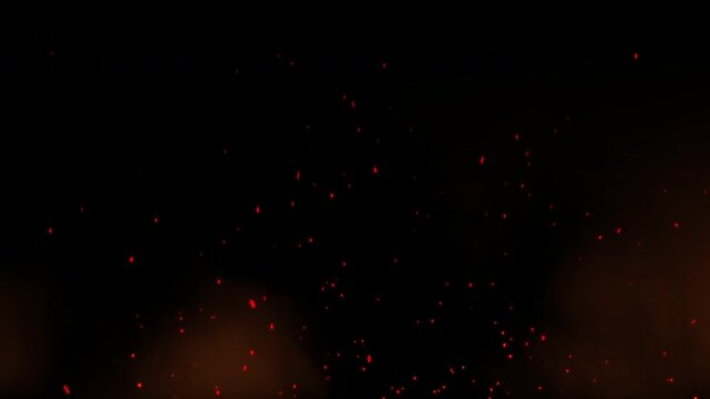 Realistic fire spark and orange smoke floating and sparkling on a dark black background, creating a mesmerizing and dynamic visual effect.