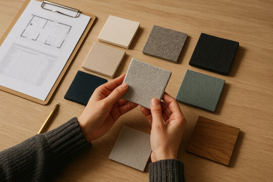 Person choosing interior design samples with floor plan and pen