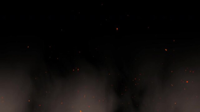 Realistic fire spark & dust particles floating in the air dark background, creating a subtle, atmospheric effect.