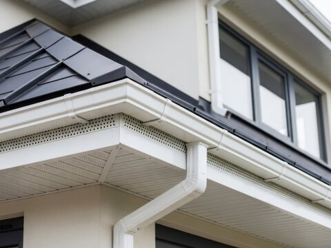 Modern house exterior with white gutters and black roof tiles