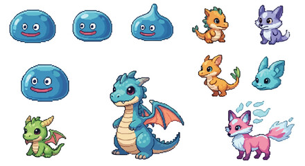 Obraz premium A vibrant collection of pixel art fantasy creatures, including various blue slimes, colorful dragons, and whimsical fox-like beings.