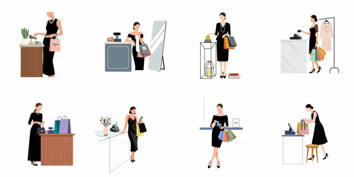 Set of flat vector illustrations featuring elegant women in black dresses shopping, making payments, and carrying bags in luxury retail environments.