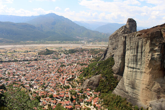 Kalabaka Town View From Meteora August 2024 Panoramic valley landscape with red roofs in Meteora