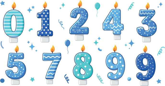Birthday candle numbers collection from zero to nine with blue patterns, festive party candles illustration set for anniversary celebration