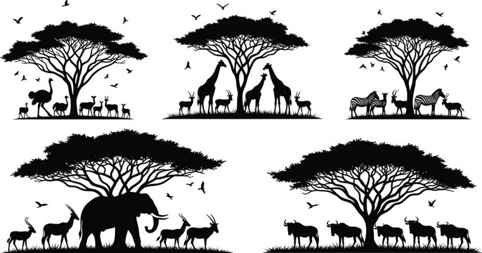 African savanna wildlife silhouette set, elephant giraffe zebra under acacia trees, safari landscape scene, cad drawing flat vector illustration, isolated.