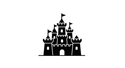 Fototapeta premium Black Silhouette of a Fairytale Castle with Flags on White Background