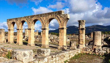 Naklejka premium Ancient stone architecture with arched columns under a vibrant blue sky. Ruins stand against a backdrop of hills and scattered clouds