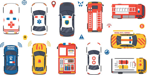 Emergency vehicles top view icon set with ambulance police car fire truck medical rescue transport and emergency response symbols © Rubya